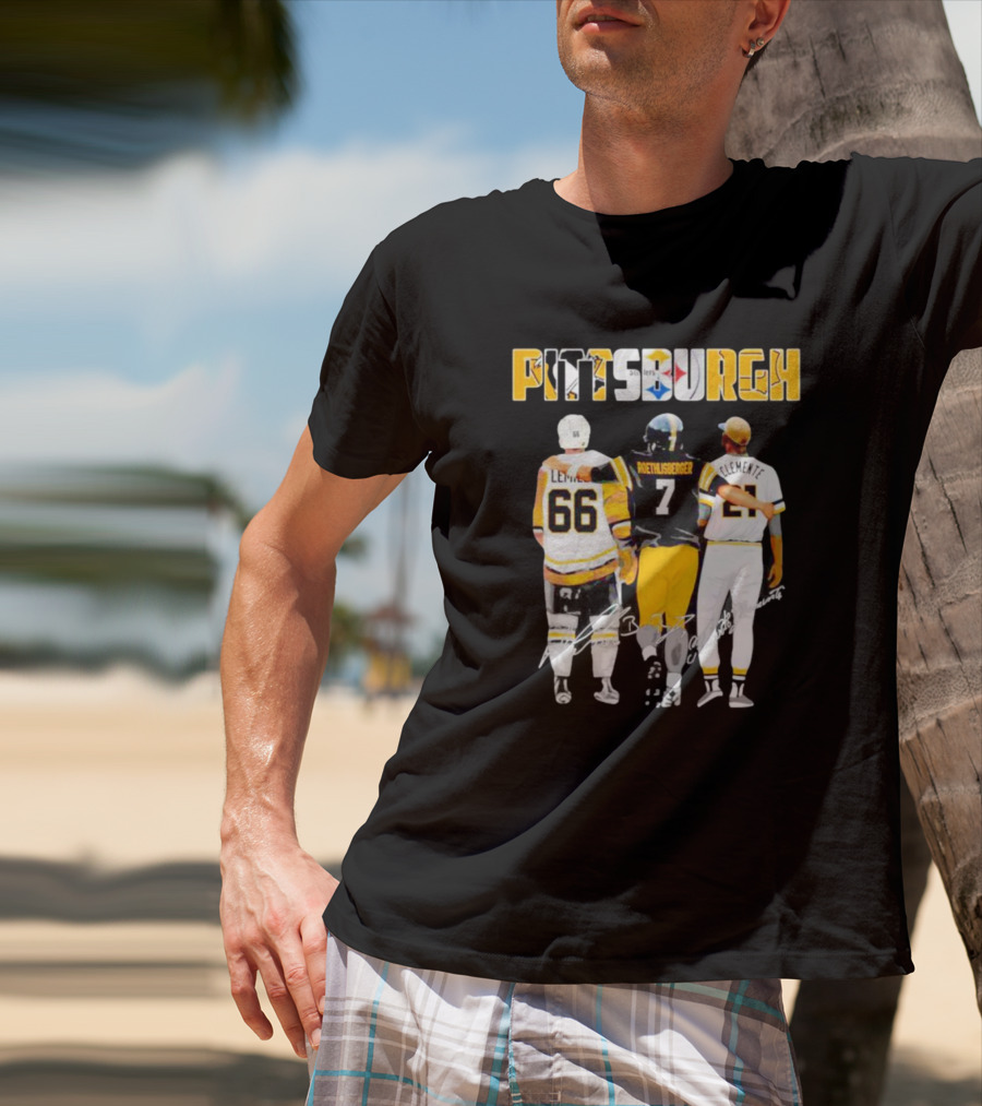 Pittsburgh Penguins Lemieux Steelers Roethlisberger Pirates Clemente Signature T-Shirt