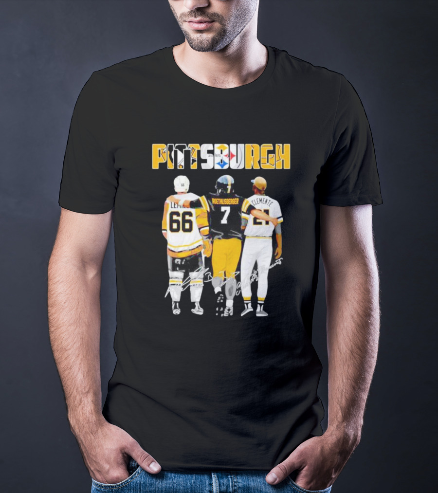 Pittsburgh Penguins Lemieux Steelers Roethlisberger Pirates Clemente Signature T-Shirt