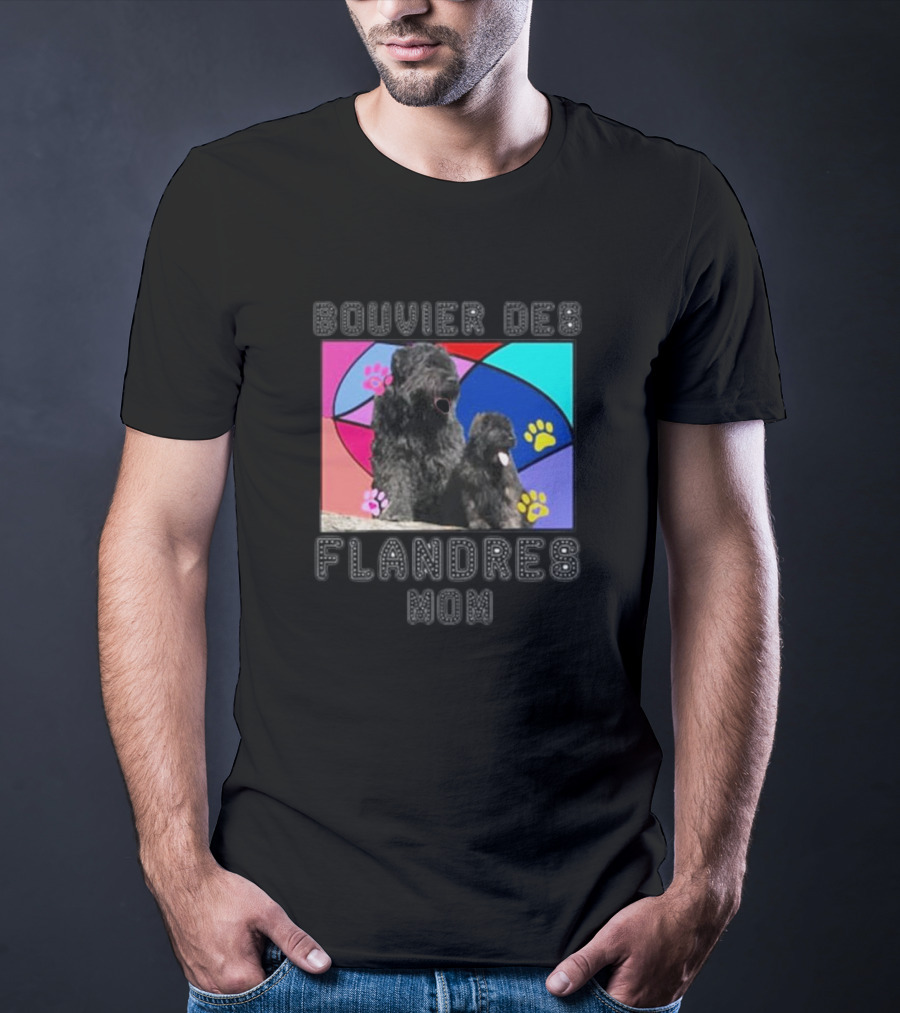 Bouvier Des Flandres Mom Colorful Paw Print Background T-Shirt