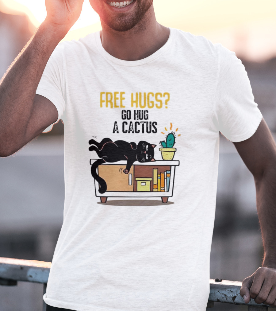 Free Hugs Go Hug A Cactus Cat On Shelf With Cactus And Books T-Shirt