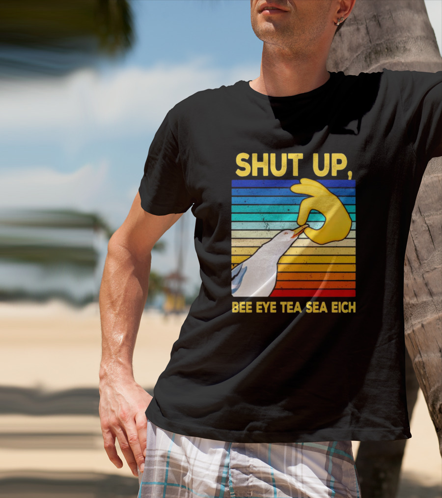 SHUT UP BEE EYE TEA SEA EICH Seagull Yellow Hand Rainbow Stripes T-Shirt