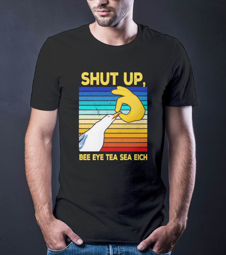SHUT UP BEE EYE TEA SEA EICH Seagull Yellow Hand Rainbow Stripes T-Shirt