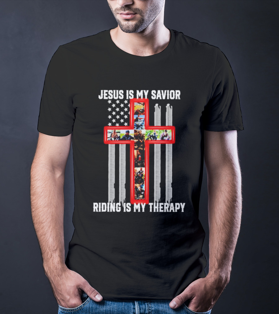 Jesus Is My Savior Riding Is My Therapy American Flag Cross With Motorcyclists T-Shirt