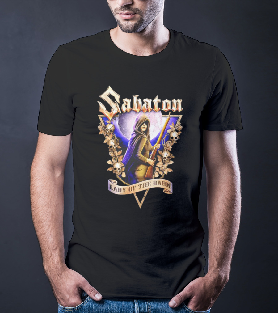 Sabaton Lady Of The Dark Hooded Figure With Floral Skull Motif T-Shirt
