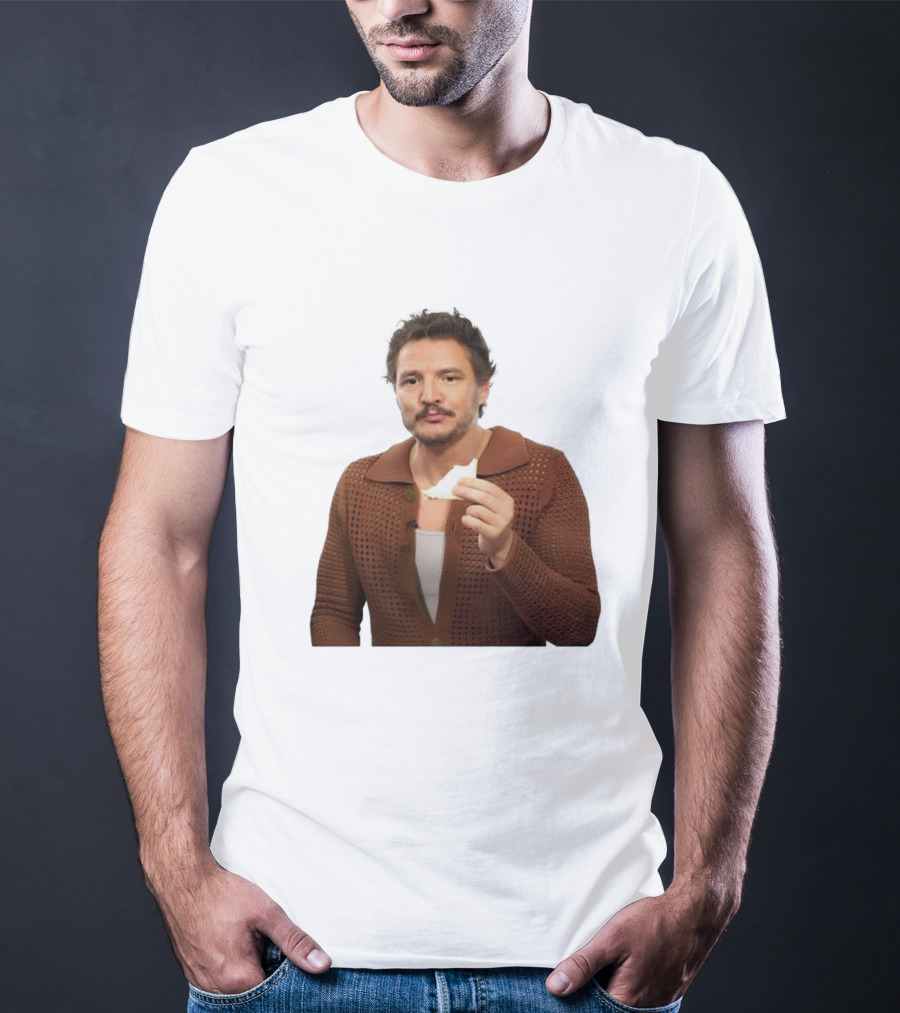 Pedro Pascal Holding Sandwich In Brown T-Shirt