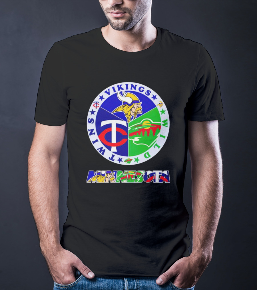 Minnesota Vikings Twins Wild Logos Circle And Colorful Minnesota Text T-Shirt
