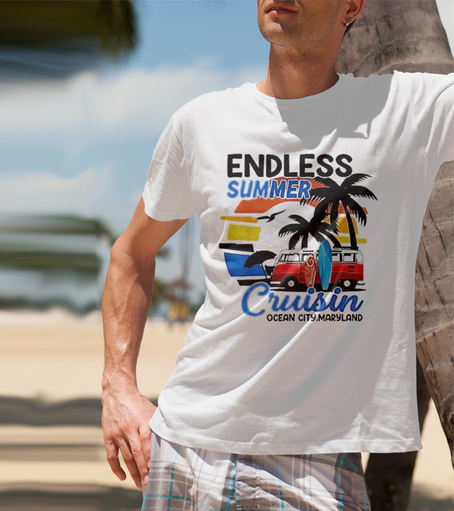 Endless Summer Cruisin Ocean City Maryland Vintage Sunset Surfboard Van Palm Trees T-Shirt