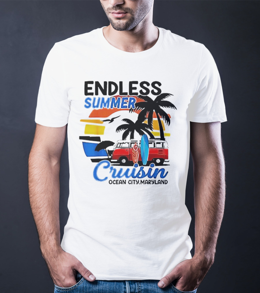 Endless Summer Cruisin Ocean City Maryland Vintage Sunset Surfboard Van Palm Trees T-Shirt