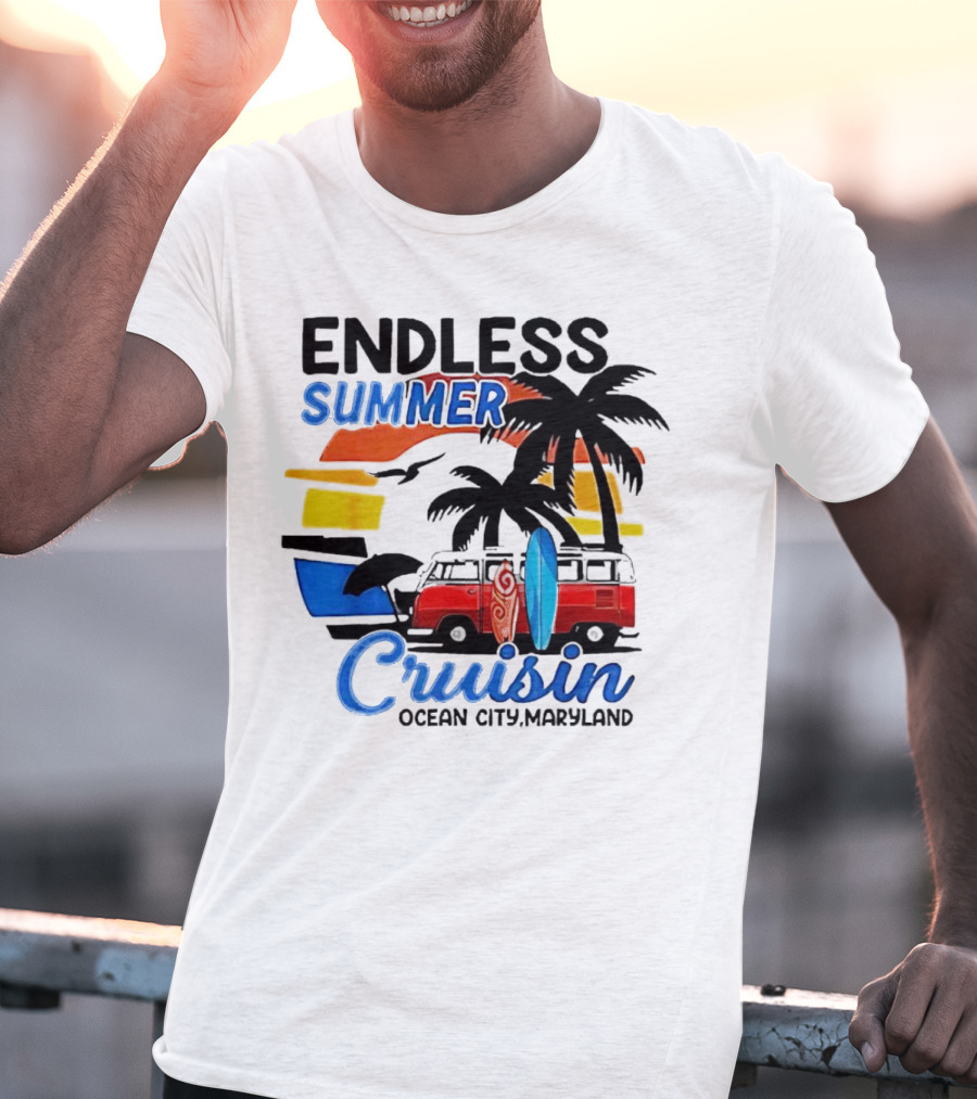 Endless Summer Cruisin Ocean City Maryland Vintage Sunset Surfboard Van Palm Trees T-Shirt
