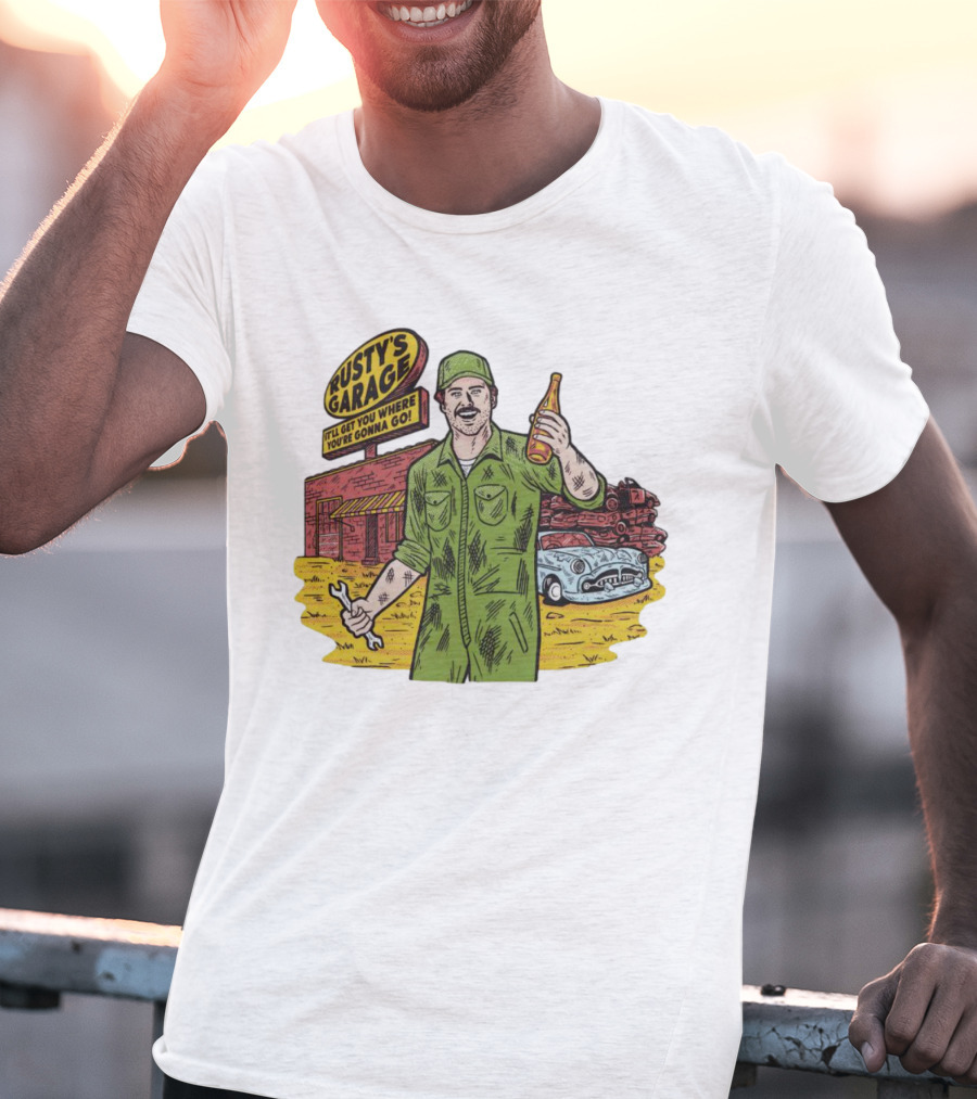 Rusty’s Garage It’ll Get You Where You’re Gonna Go Retro Mechanic Holding Wrench And Drink With Vintage Car And Workshop Scene T-Shirt