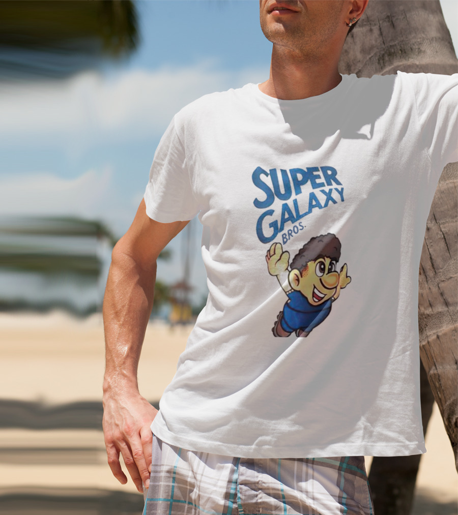 Super Galaxy Bros Flying Character In Blue T-Shirt