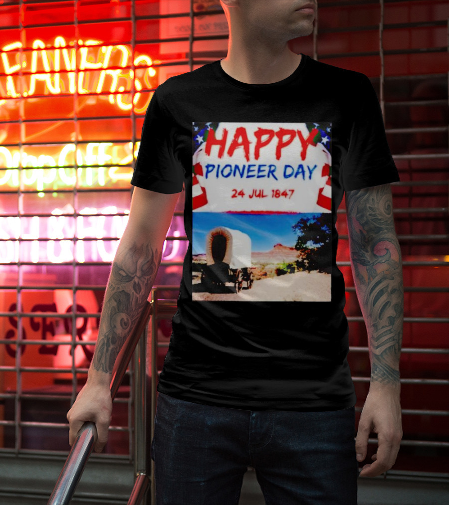 Happy Pioneer Day 24 Jul 1847 Covered Wagon Desert Scene T-Shirt