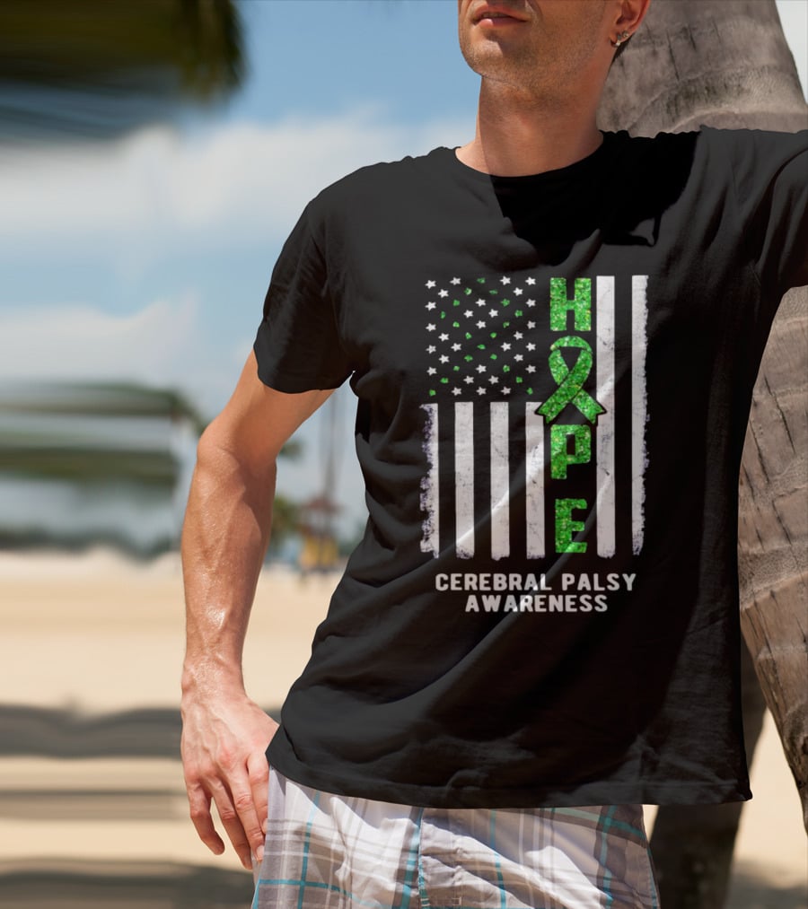 Hope American Flag Green Ribbon Cerebral Palsy Awareness T-Shirt