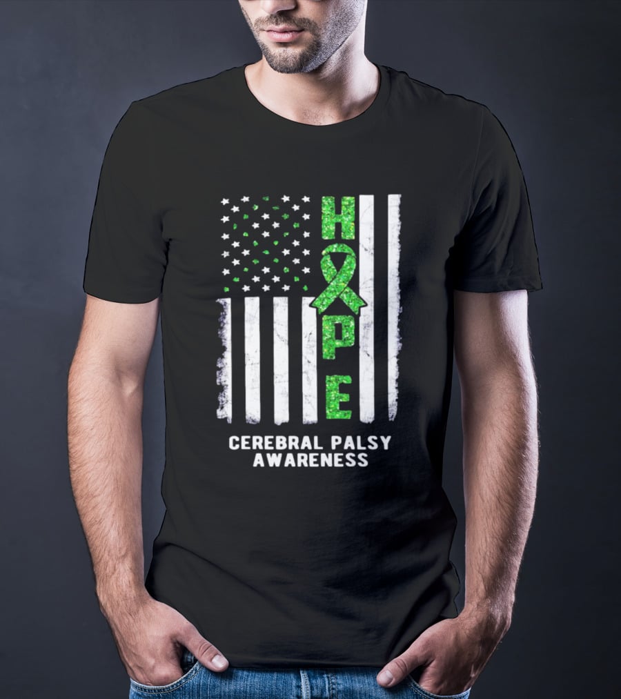 Hope American Flag Green Ribbon Cerebral Palsy Awareness T-Shirt