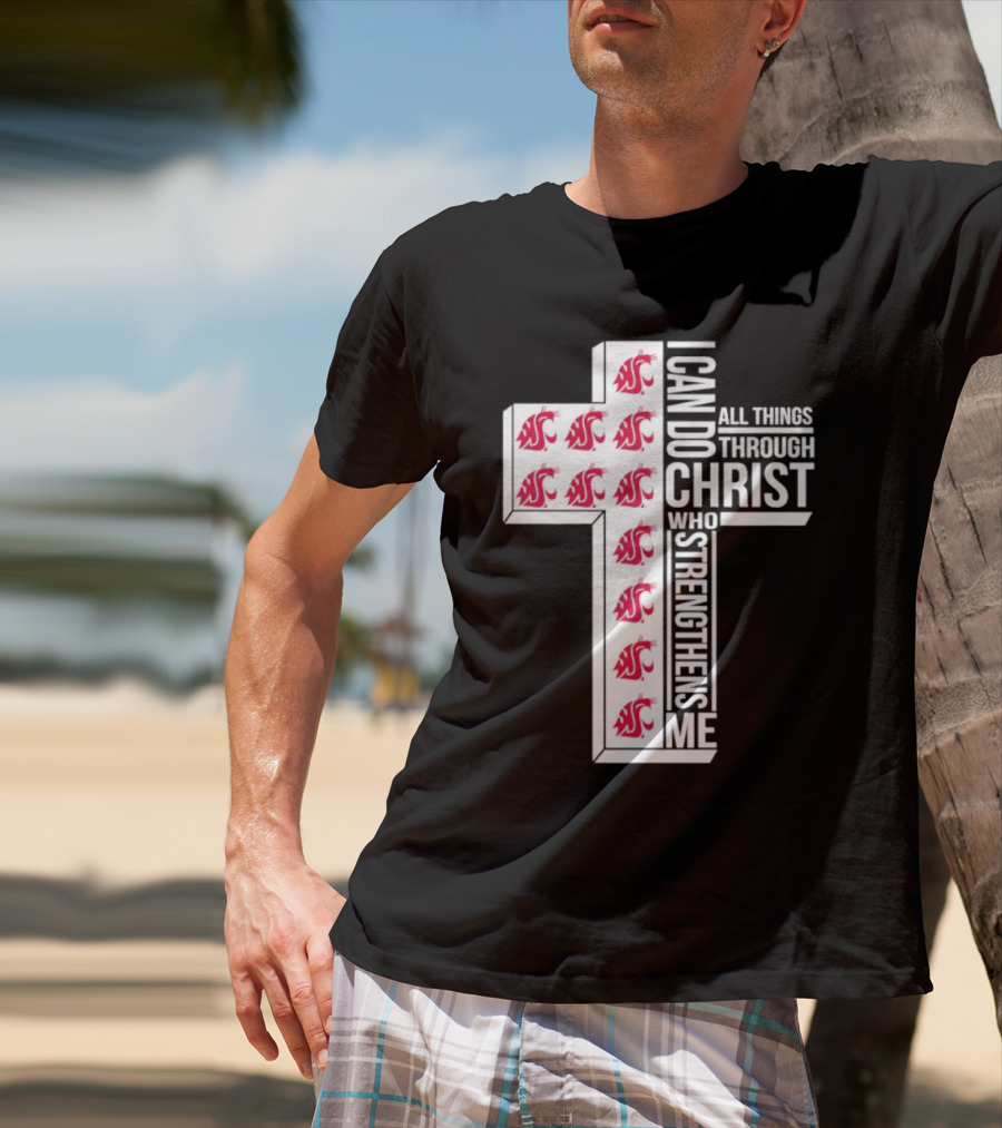 Washington State Cougars Logo I Can Do All Things Through Christ Cross T-Shirt