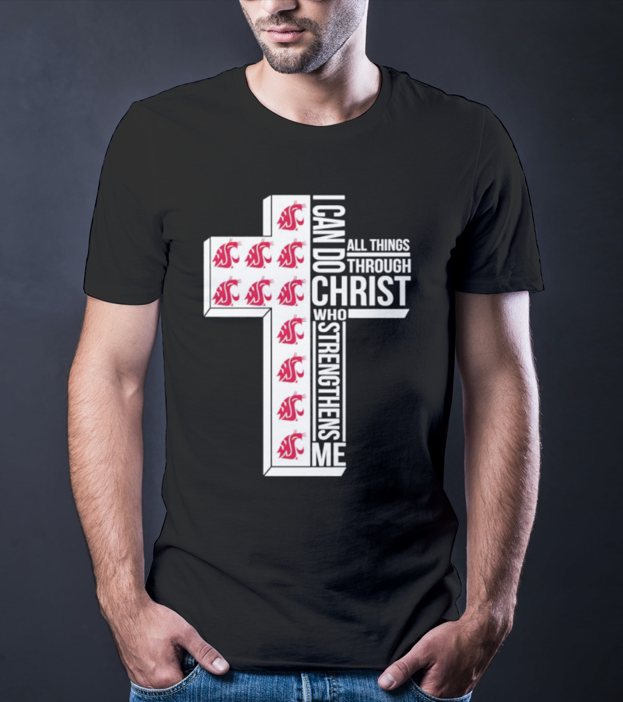 Washington State Cougars Logo I Can Do All Things Through Christ Cross T-Shirt