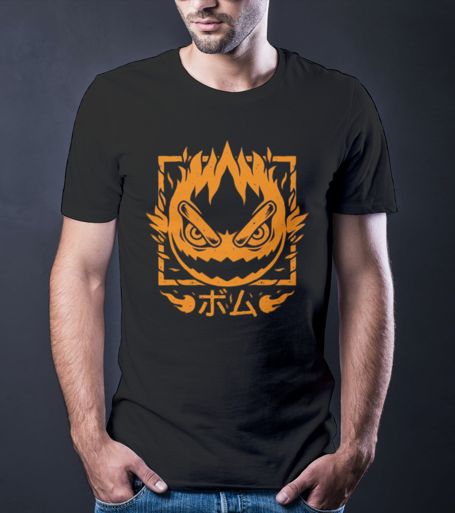 Firebomb Game Flaming Face And Japanese Text T-Shirt