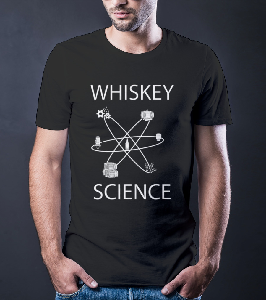 WHISKEY SCIENCE Molecular Diagram With Barrels And Distillation Elements T-Shirt