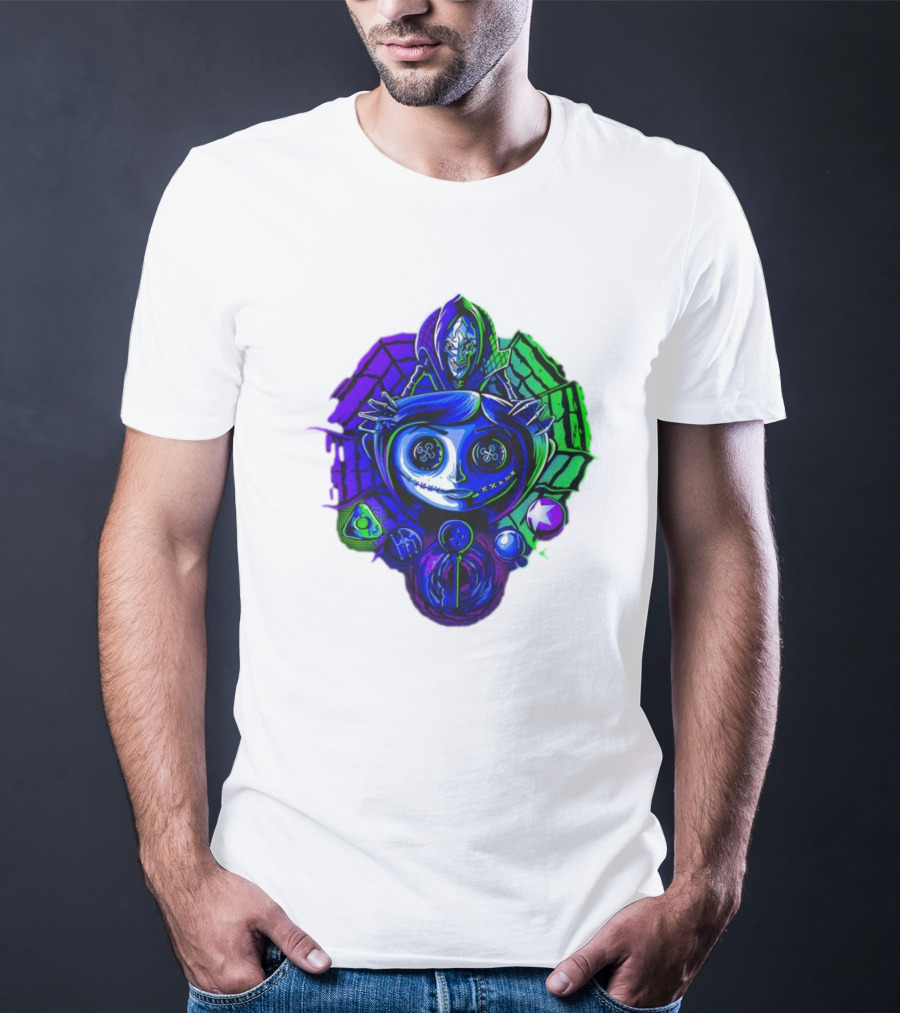 Coraline I'm Trapped Horror Neon Web And Buttons T-Shirt