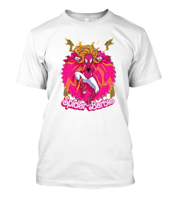 Spider-Barbie Across The Barbie-Verse With Pink Spider Suit And Dynamic Web Background T-Shirt