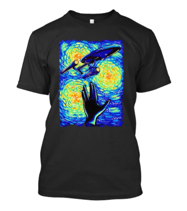Star Trek Enterprise In Starry Night With Vulcan Salute Starry Trek T-Shirt