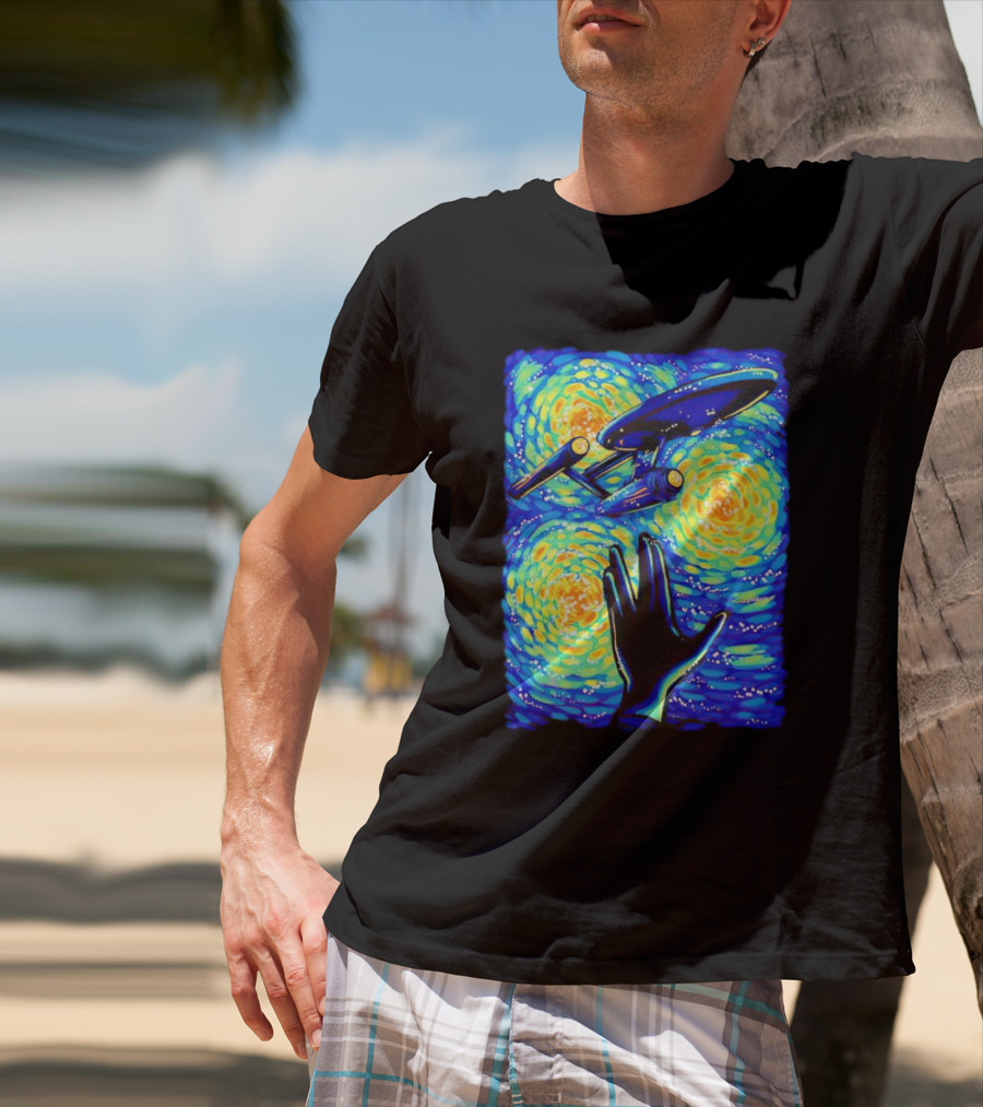 Star Trek Enterprise In Starry Night With Vulcan Salute Starry Trek T-Shirt