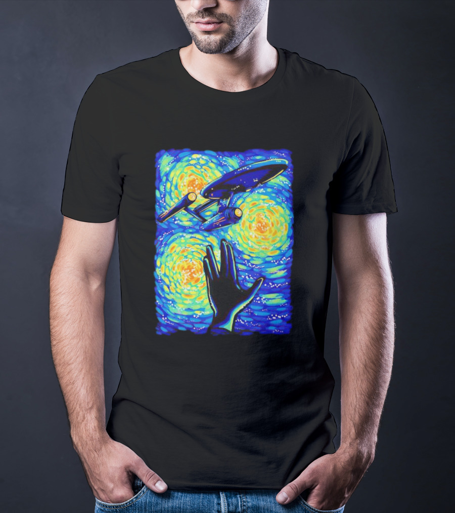 Star Trek Enterprise In Starry Night With Vulcan Salute Starry Trek T-Shirt