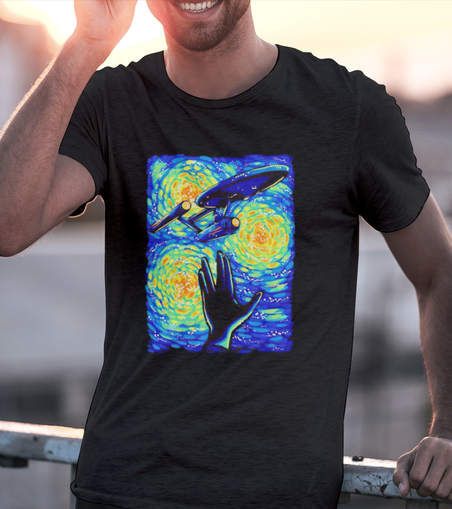 Star Trek Enterprise In Starry Night With Vulcan Salute Starry Trek T-Shirt