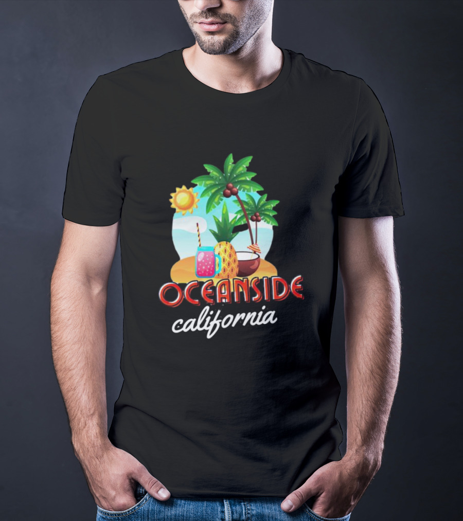 Oceanside California Tropical Beach Scene With Palm Trees, Sun, Pineapple, Coconut Drink, And Refreshing Beverage T-Shirt