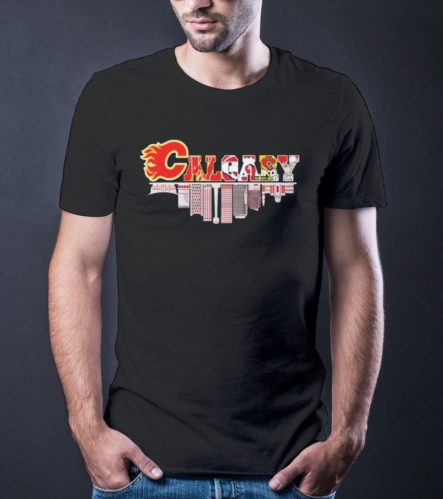 Calgary Flames Inspired Cityscape With Upside Down Skyline And Team Elements T-Shirt