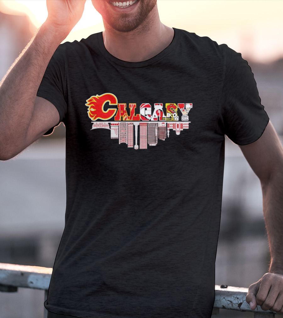 Calgary Flames Inspired Cityscape With Upside Down Skyline And Team Elements T-Shirt