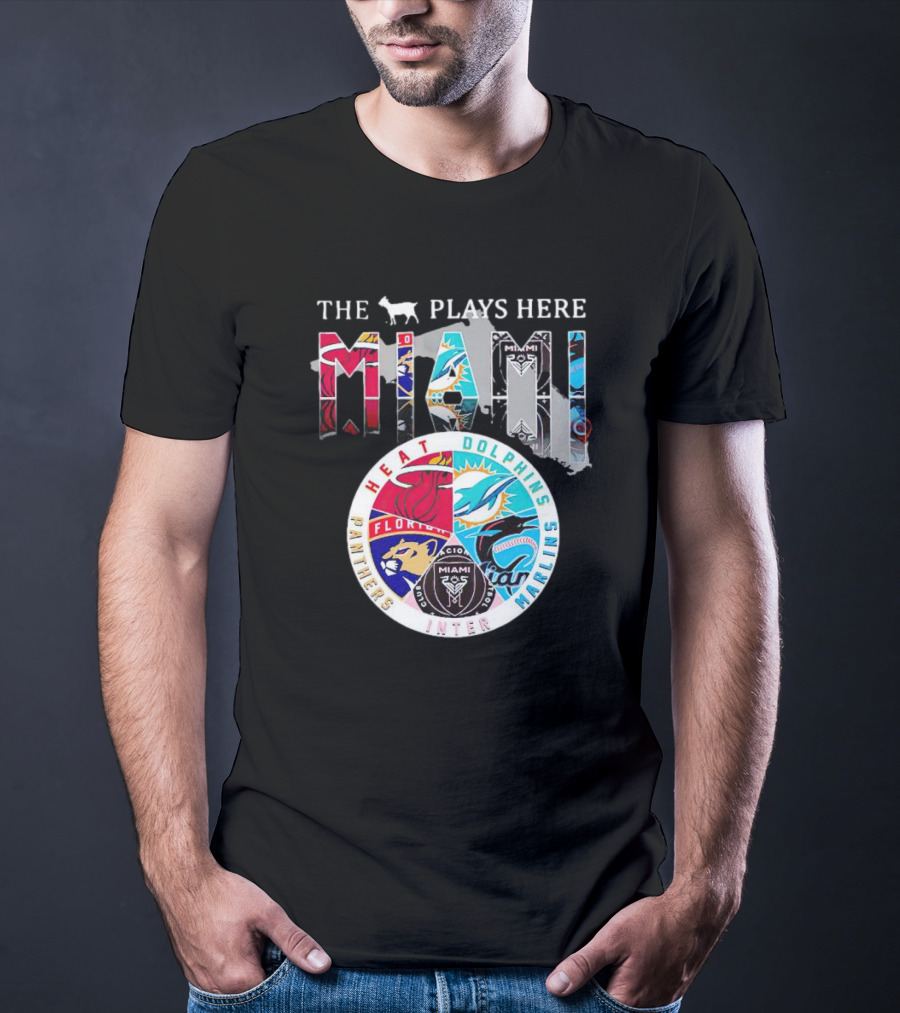 Miami Sports Team Logos Panther Heat Dolphins Marlins Inter The Goat Plays Here T-Shirt