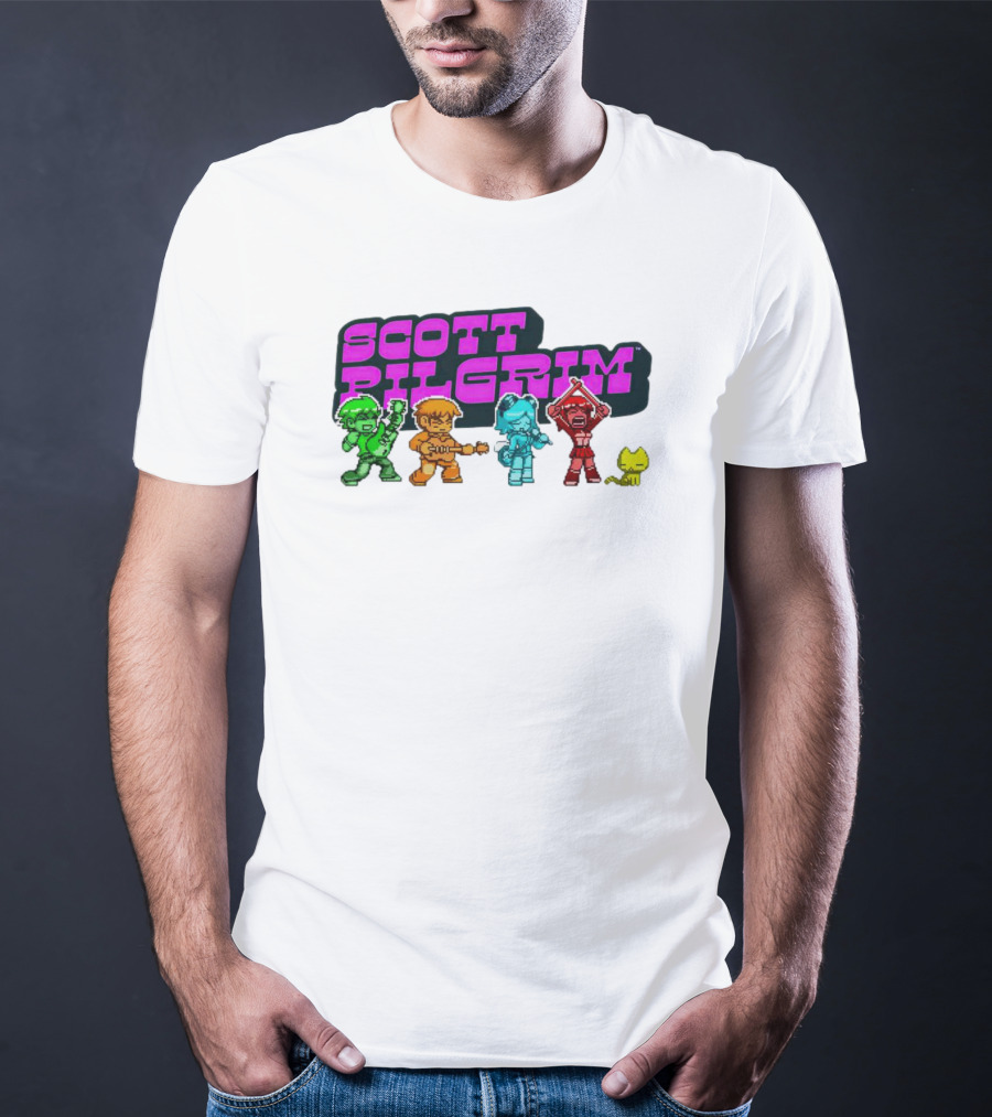 Scott Pilgrim Pixel Characters With Neon Title And Cat T-Shirt