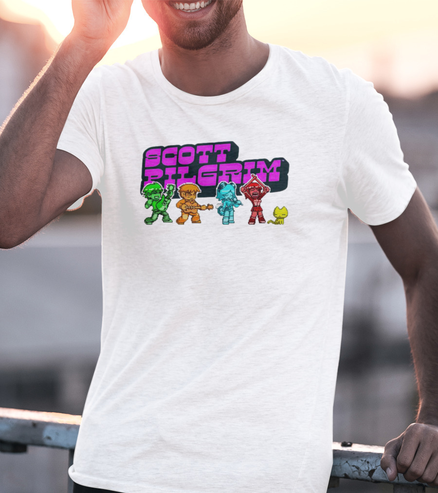 Scott Pilgrim Pixel Characters With Neon Title And Cat T-Shirt
