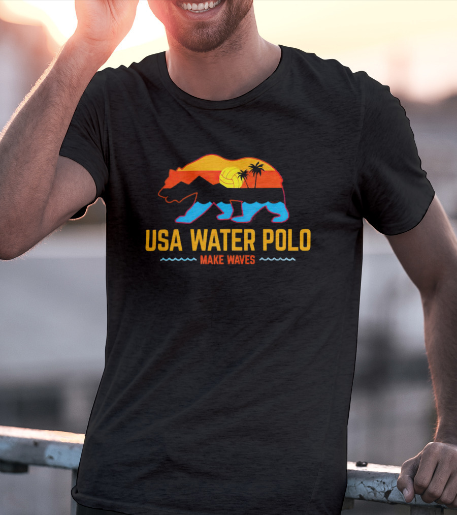 USA Water Polo Bear Make Waves Sunset Palm Trees Volleyball T-Shirt