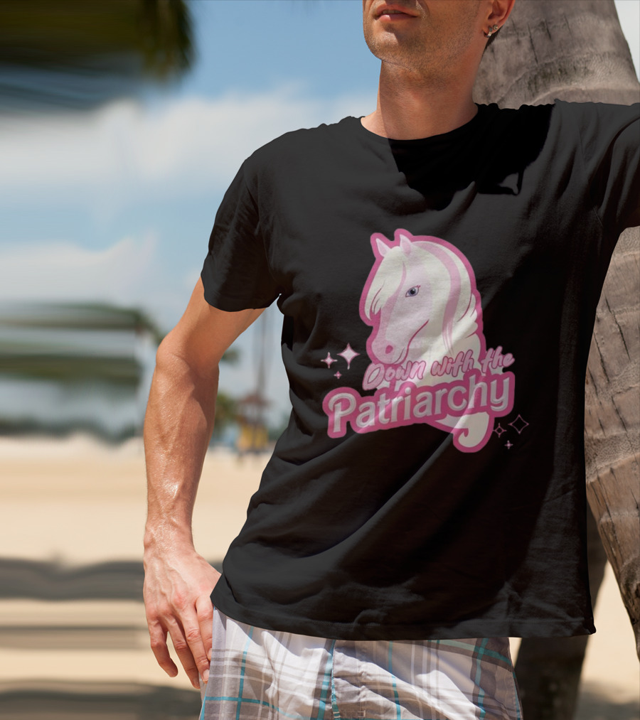 Down With The Patriarchy Pink Horse Illustration With Sparkles T-Shirt