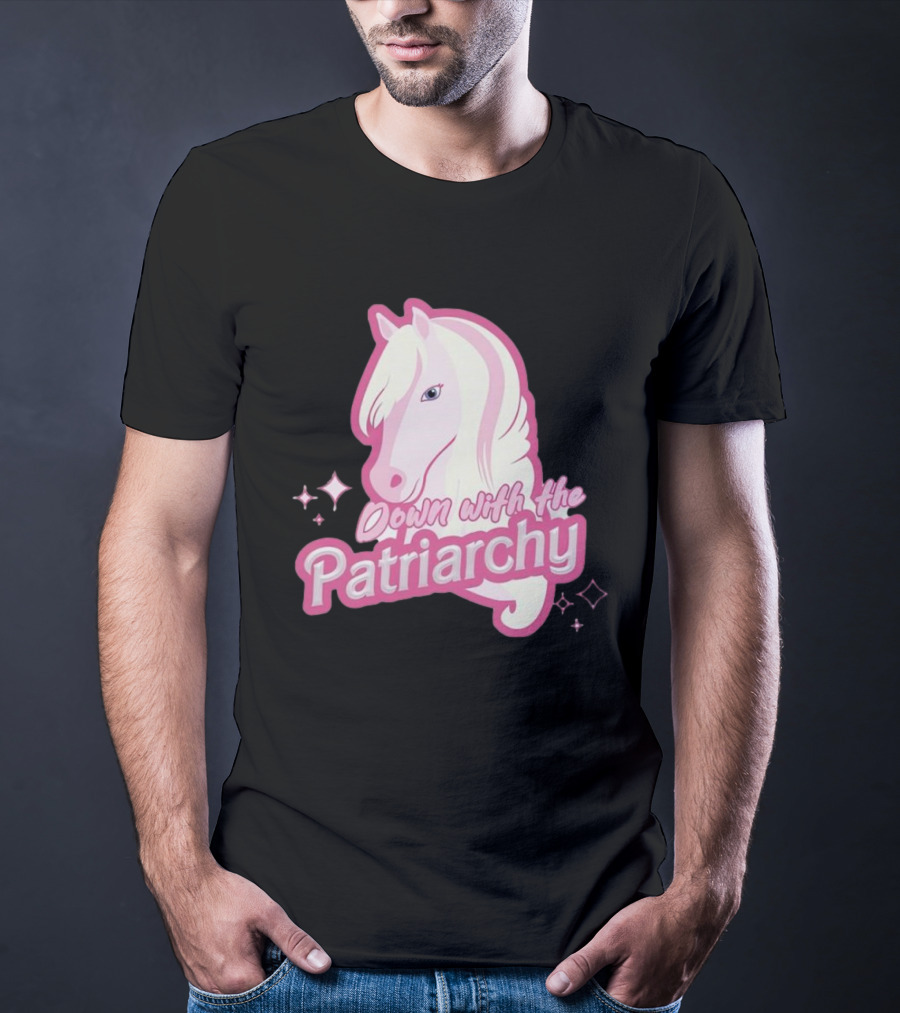 Down With The Patriarchy Pink Horse Illustration With Sparkles T-Shirt