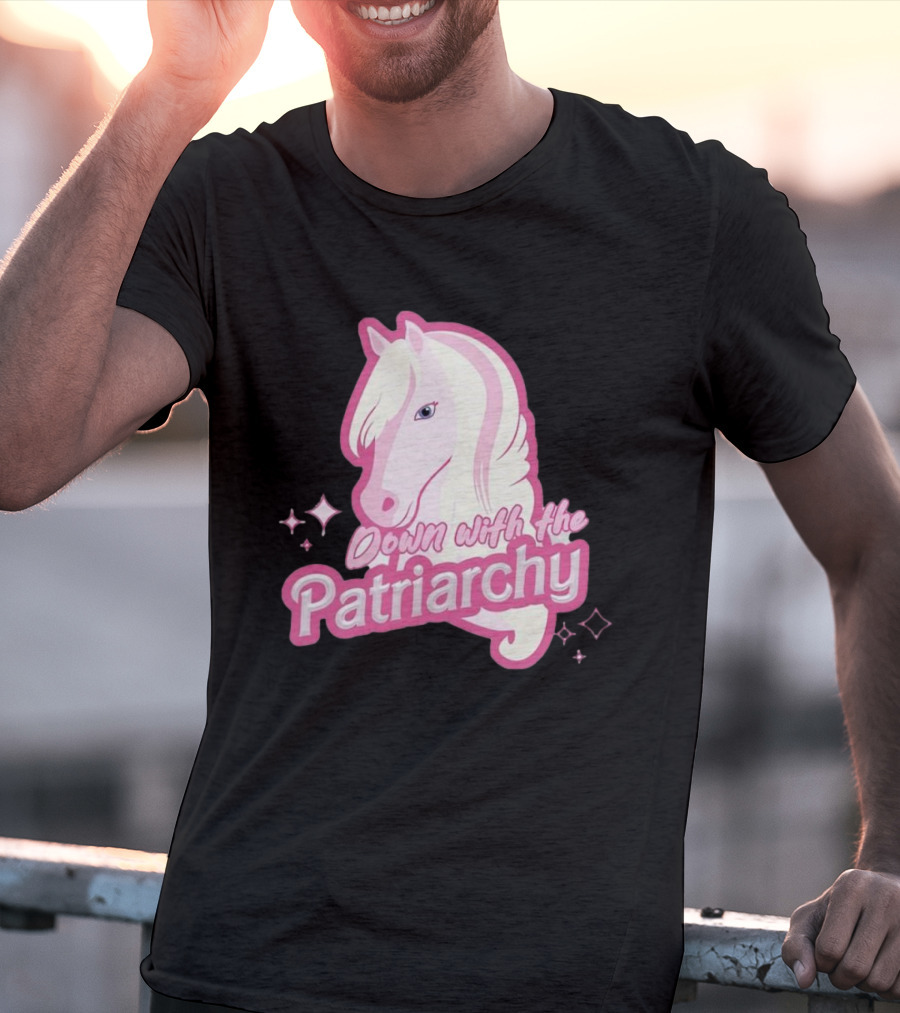 Down With The Patriarchy Pink Horse Illustration With Sparkles T-Shirt