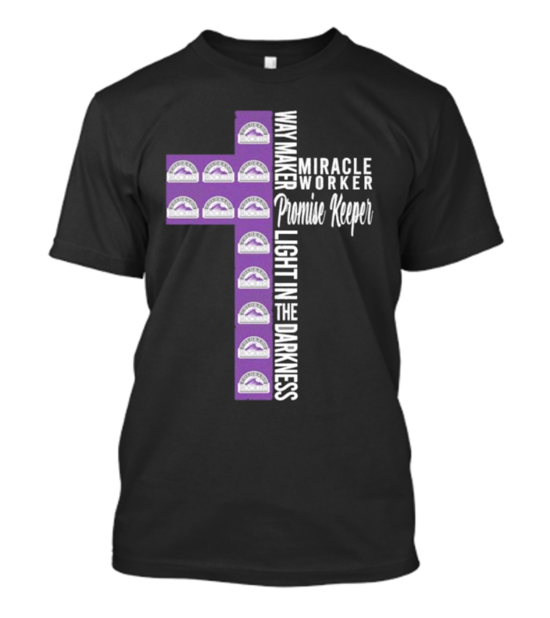 Colorado Rockies Way Maker Miracle Worker Promise Keeper Light In The Darkness Cross T-Shirt