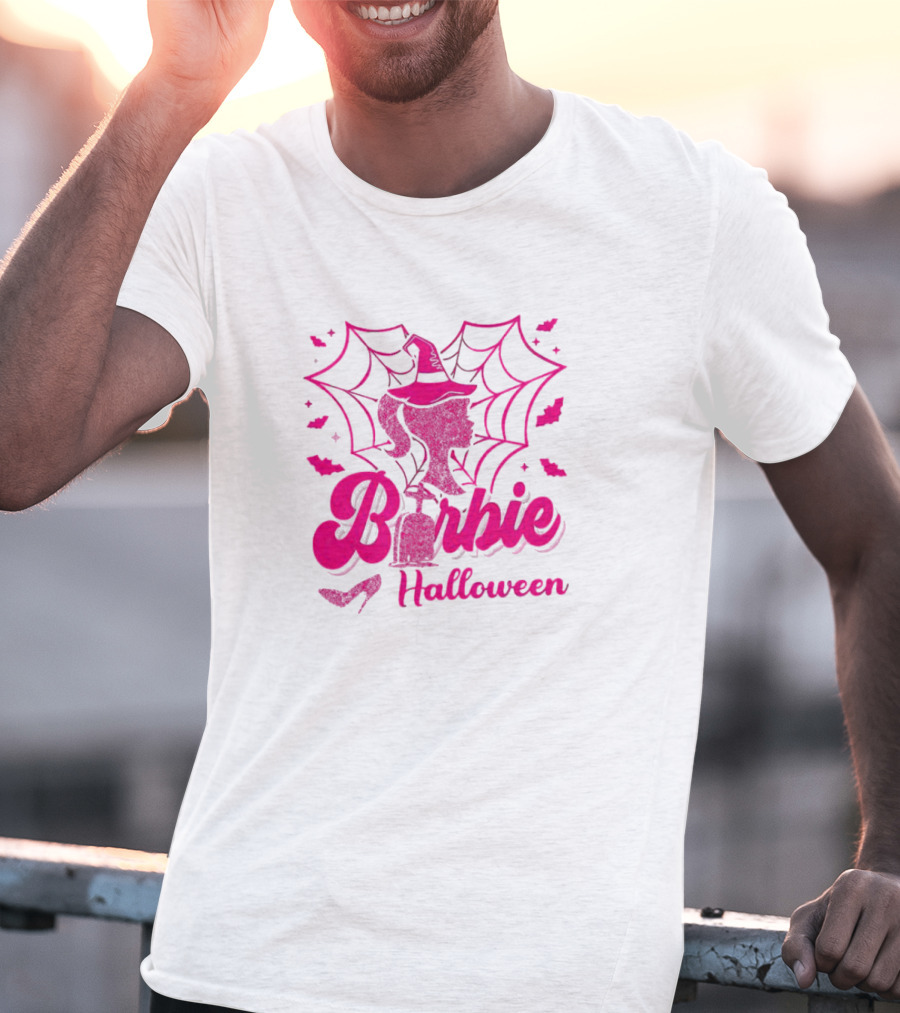 Barbie Halloween Witch Hat Cobweb Silhouette Pink Text Bat Heels T-Shirt