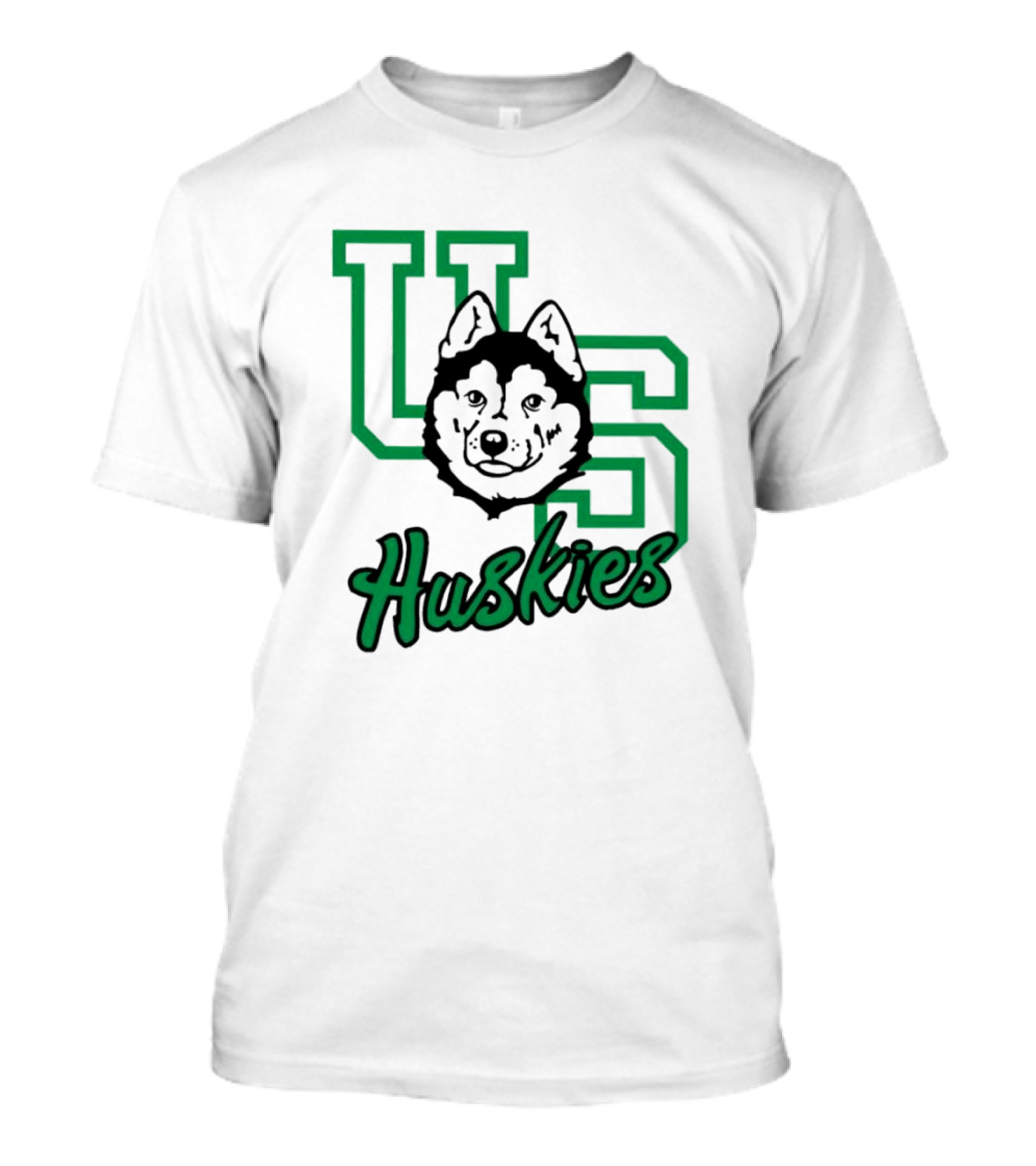 U Of S Huskies Logo With Husky Face Overlapping Bold Green Letters T-Shirt