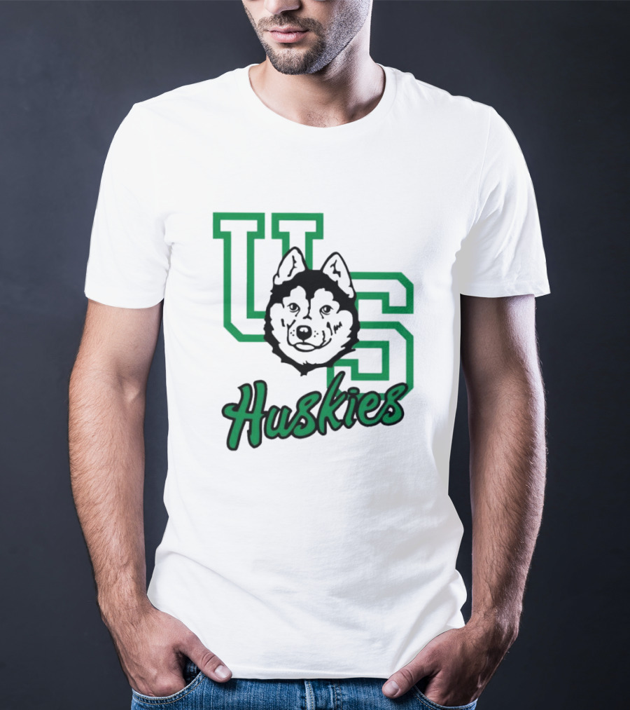 U Of S Huskies Logo With Husky Face Overlapping Bold Green Letters T-Shirt