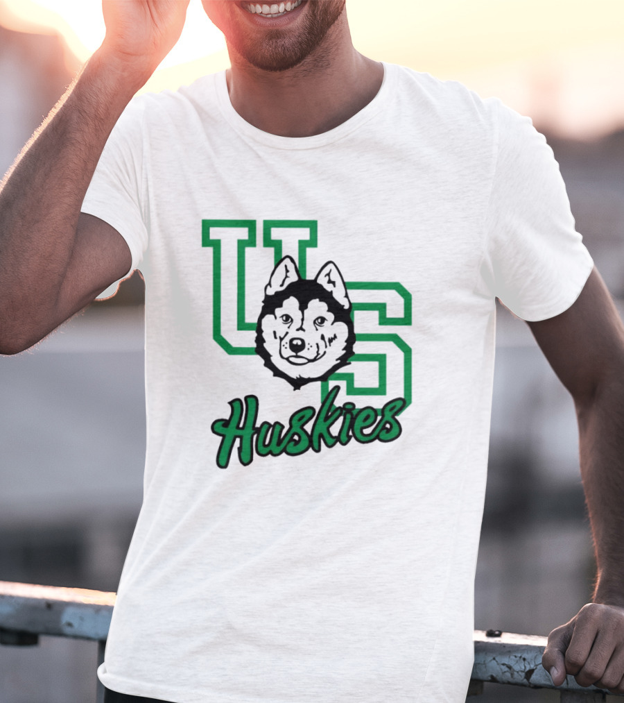 U Of S Huskies Logo With Husky Face Overlapping Bold Green Letters T-Shirt