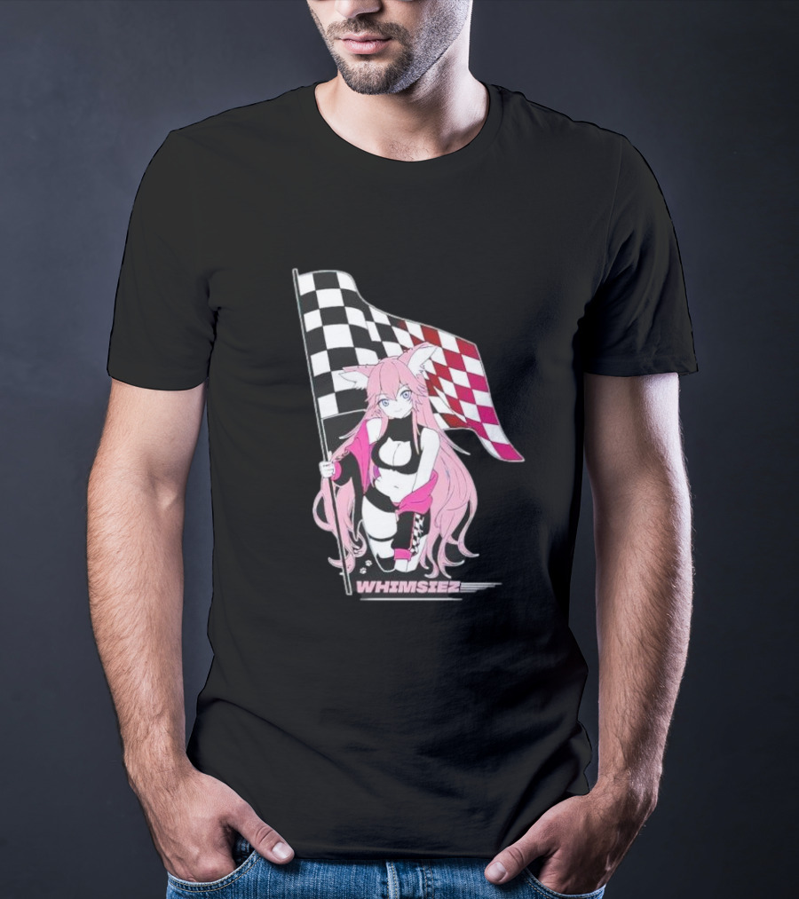 Whimsiez Checkered Flag Pink-Haired Girl Racing T-Shirt