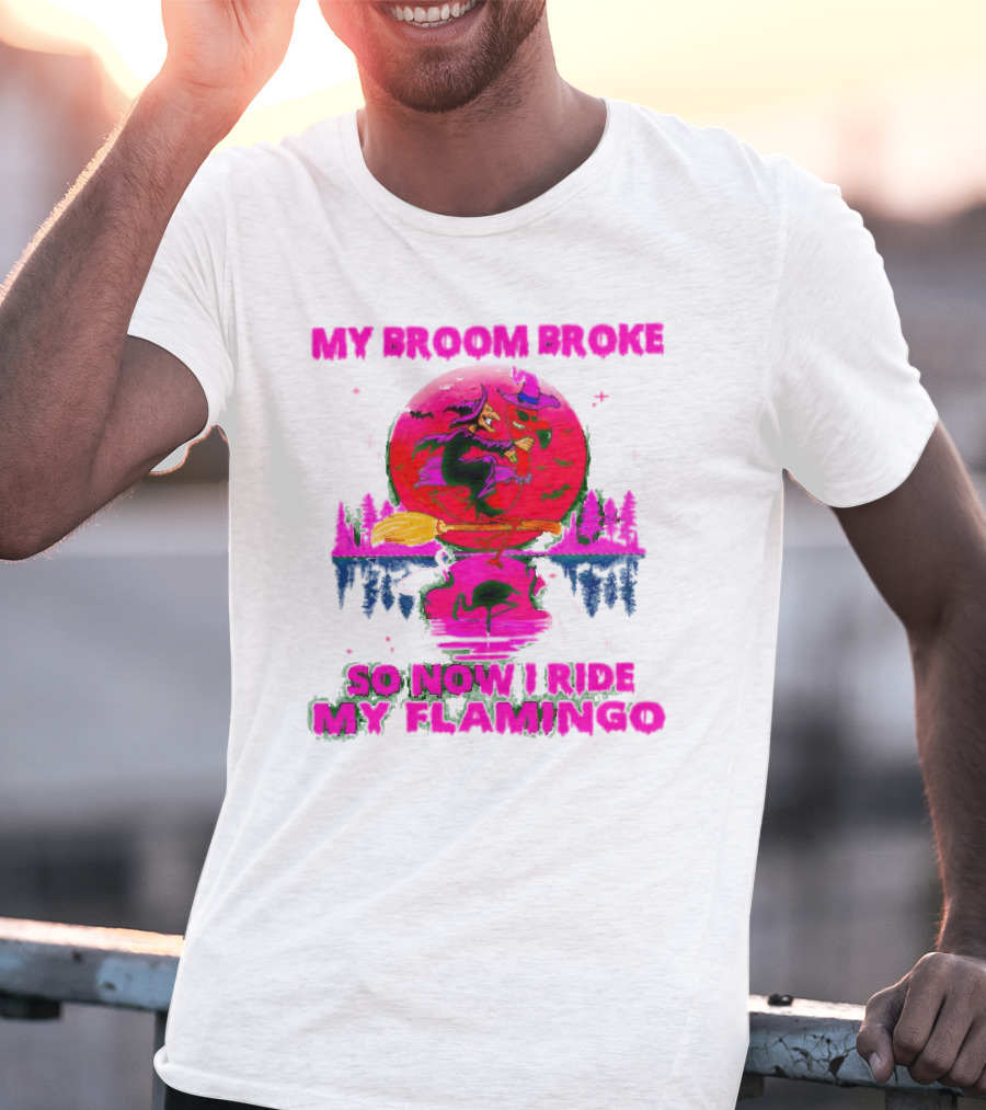 My Broom Broke So Now I Ride My Flamingo Neon Witch And Flamingo Moon Scene T-Shirt