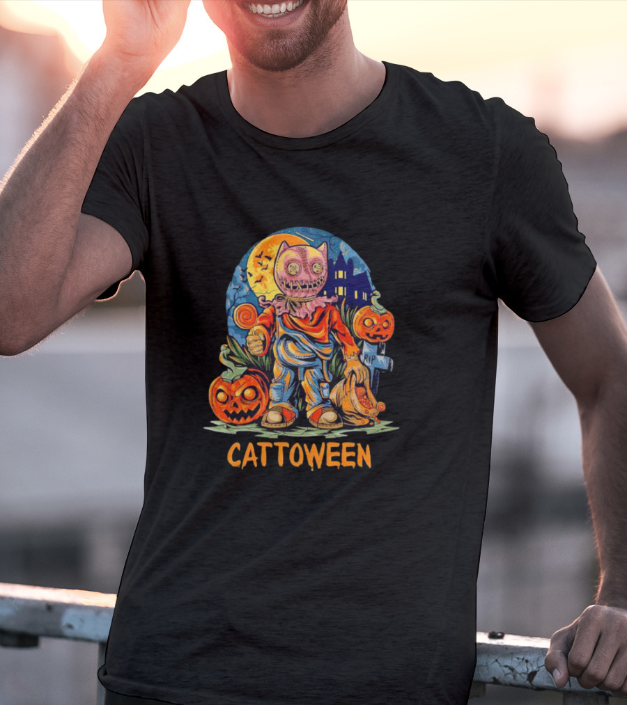 Cattoween Pumpkin Cat Monster Halloween Moon T-Shirt