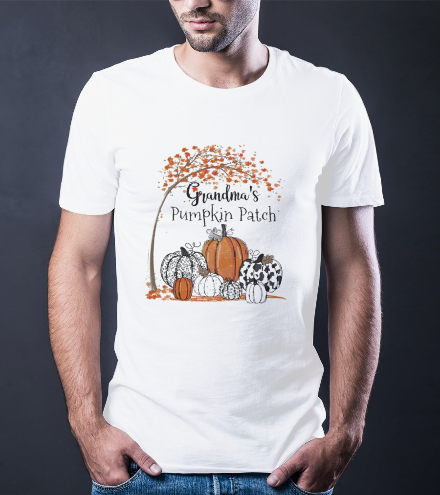 Grandma's Pumpkin Patch Autumn Harvest With Fall Leaves And Pumpkins T-Shirt