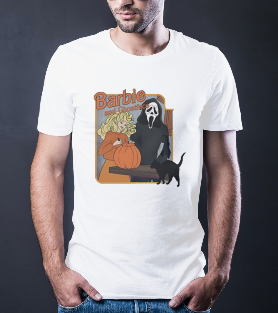 Barbie And Ghostface Halloween Pumpkin Carving Scene With Black Cat T-Shirt