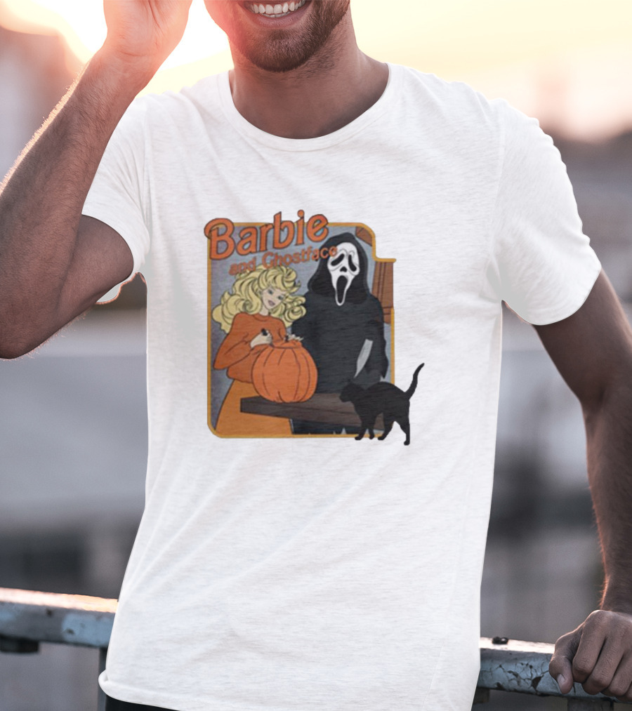 Barbie And Ghostface Halloween Pumpkin Carving Scene With Black Cat T-Shirt