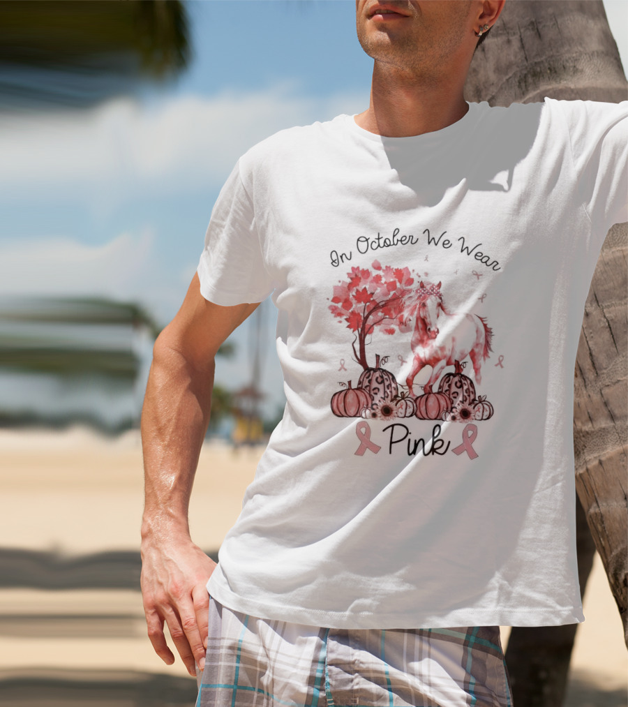 In October We Wear Pink Horse Ribbon Pumpkins Halloween T-Shirt